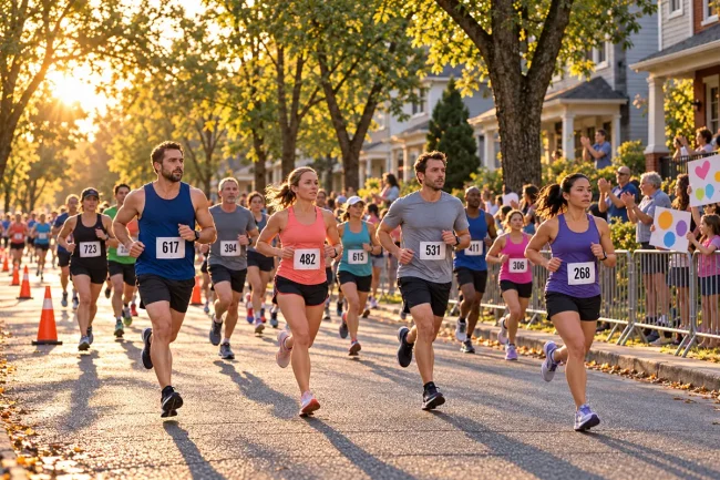 Half marathon runners on a tree-lined neighborhood street during the Hometown Half