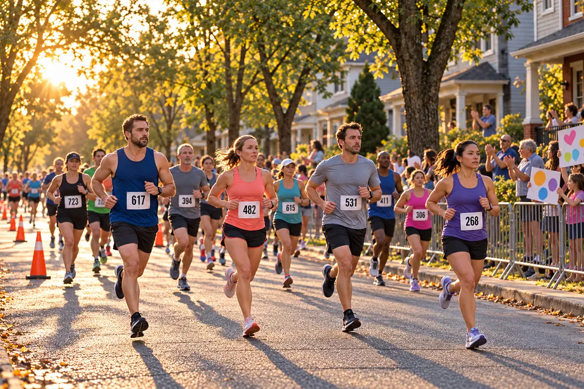 Half marathon runners on a tree-lined neighborhood street during the Hometown Half