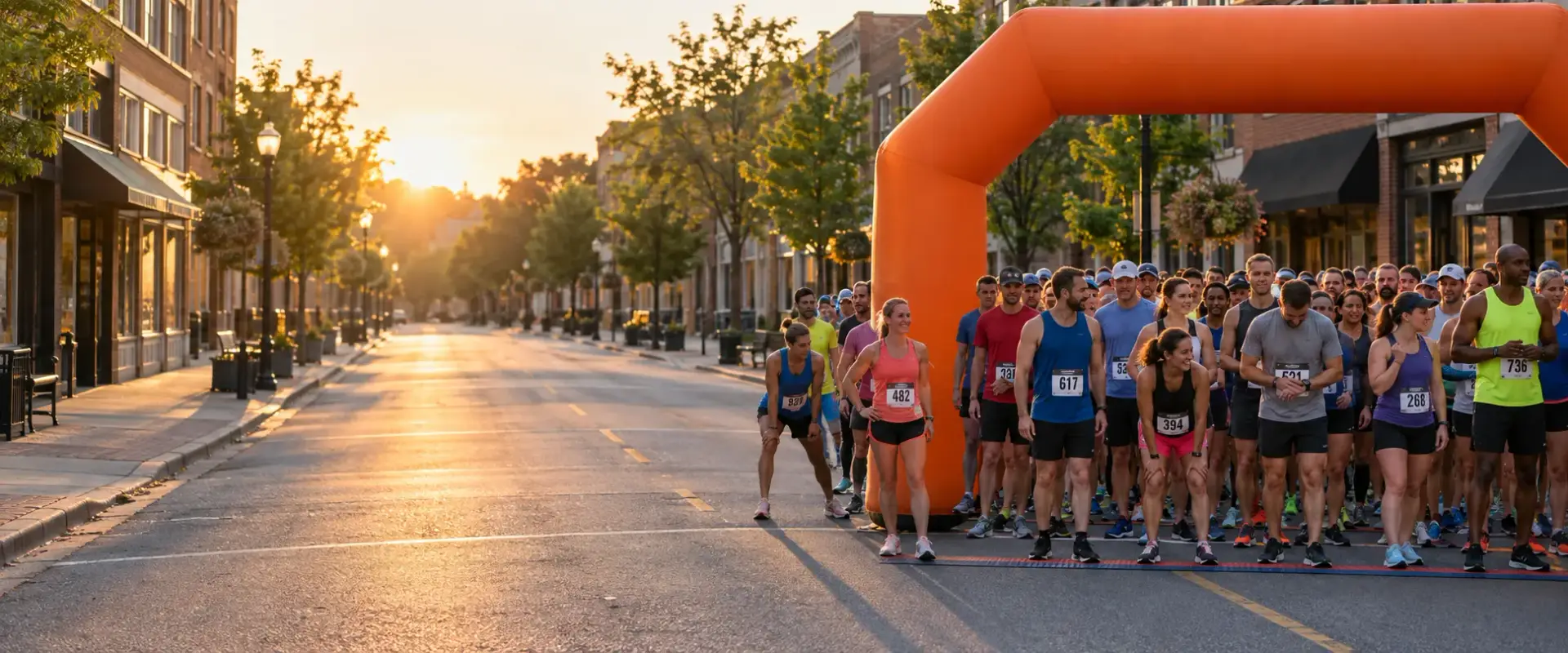 Runners gathered at the start line of the Hometown Half Marathon, 10K and 5K on a downtown street at sunrise