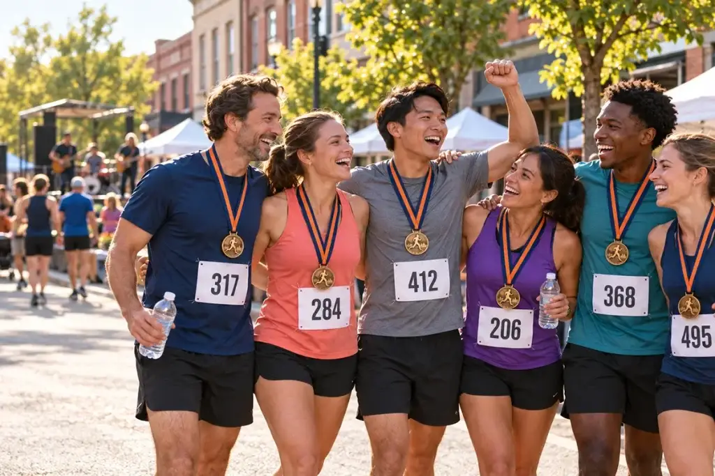 Runners wearing finisher medals celebrating at the Hometown Half finish line festival