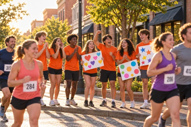 Student volunteers in orange shirts cheering on runners along the Hometown Half course