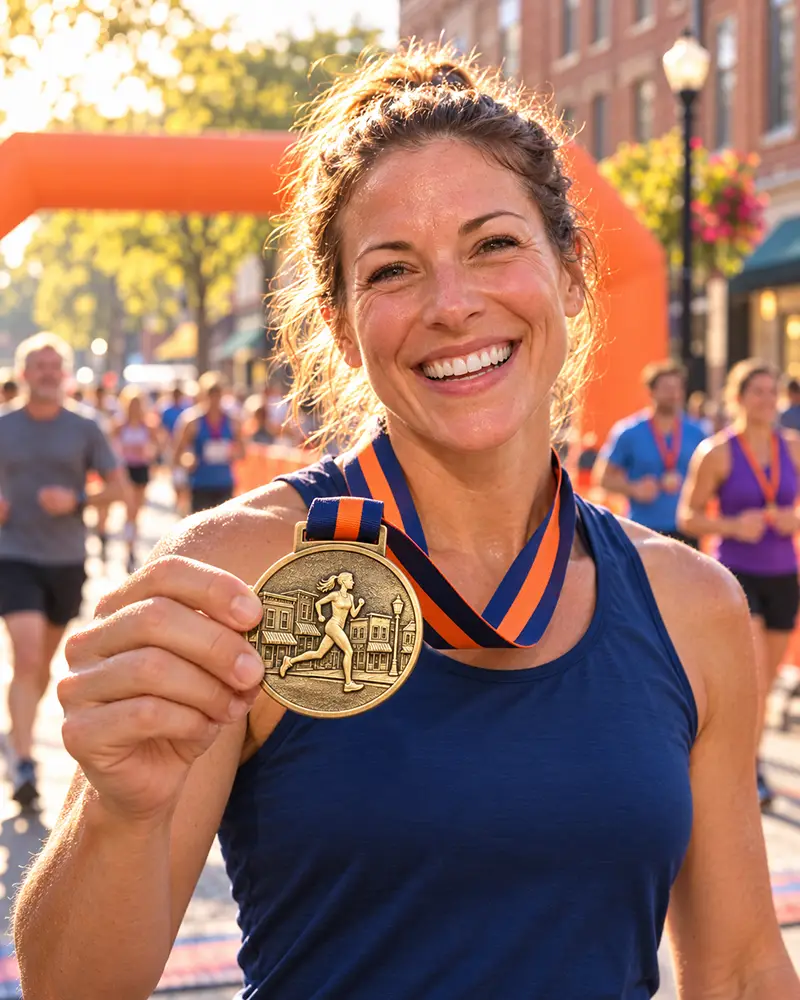 Smiling runner holding up her Hometown Half finisher medal at the finish line