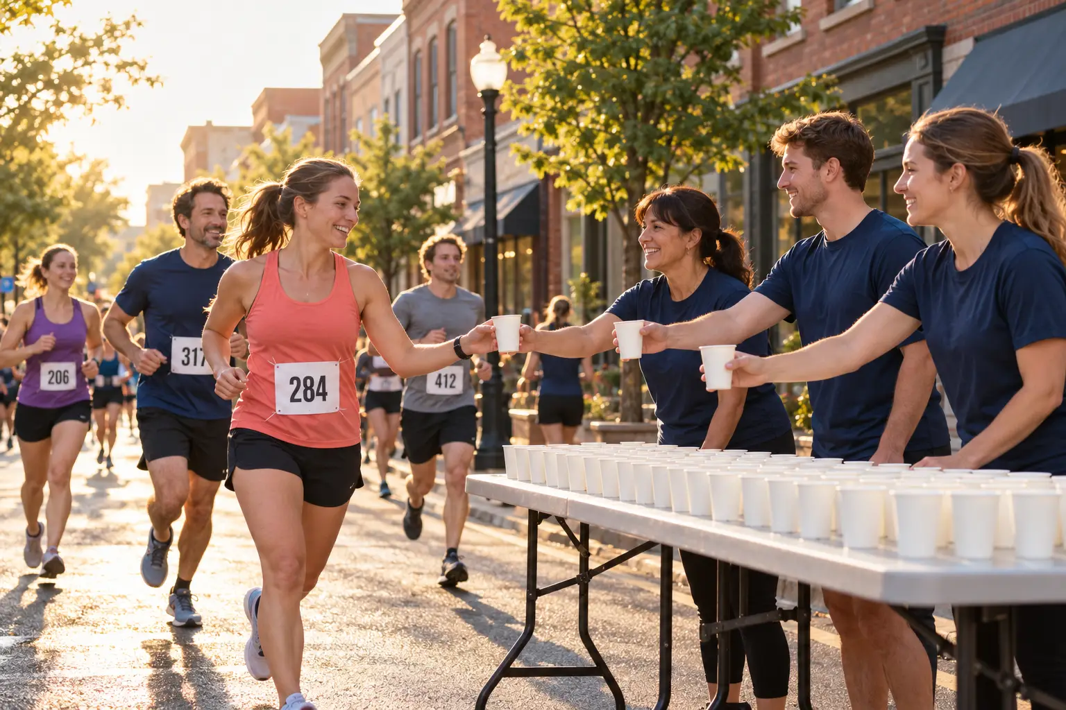 Volunteers handing out water to runners at a Hometown Half aid station
