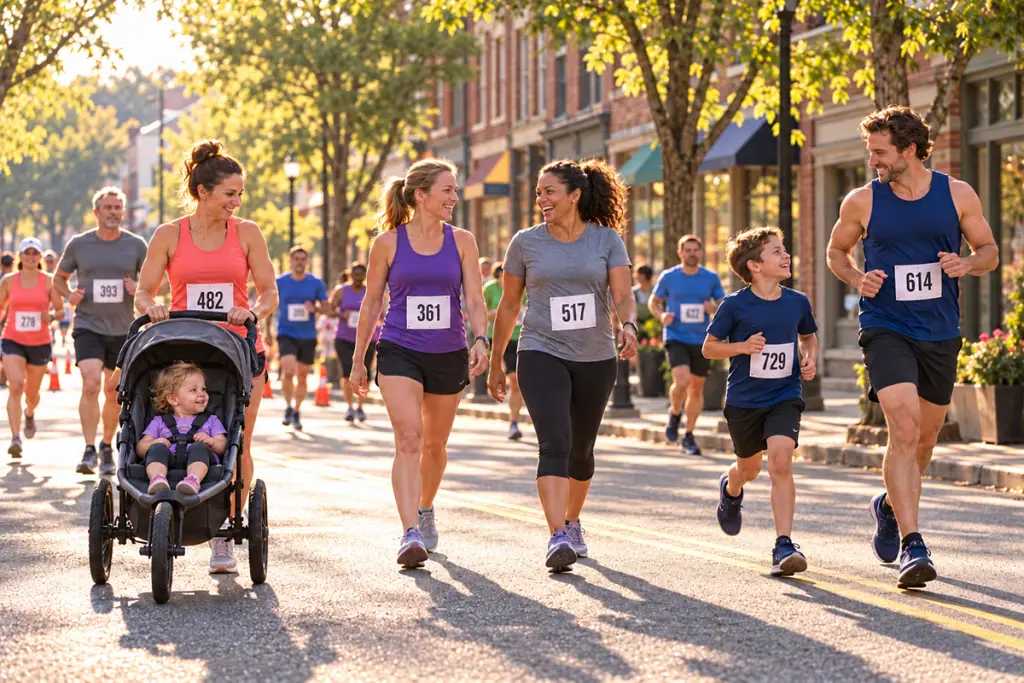 Families and walkers enjoying the 5K at the Hometown Half